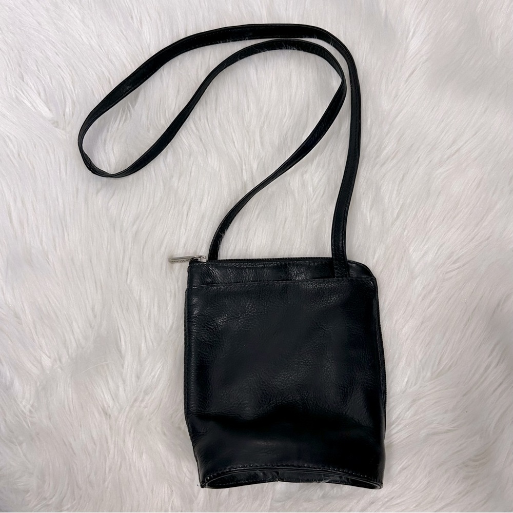 Le Donne Black Leather Crossbody Bag‎ Small Minimalist Zip Top Shoulder Purse
